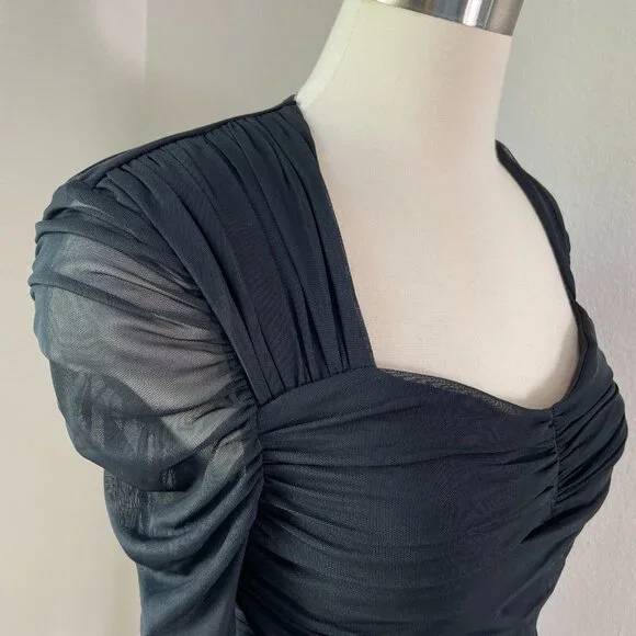 Express Womens Medium Body Contour Black Ruched Mesh Long Sleeve Top Blouse - Picture 3 of 9